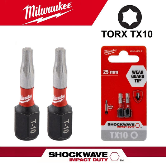 MILWAUKEE Shockwave Torx T10 Screwdriver Bit Set x2 Impact Driver Bits TX10 25mm