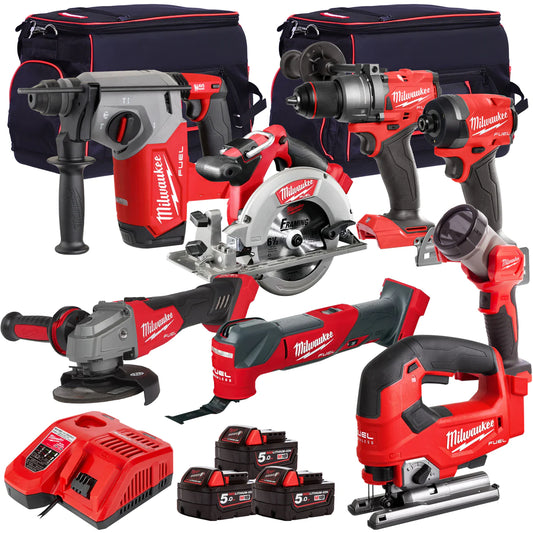 Milwaukee 18V Cordless 8 Piece Tool Kit with 3 x 5.0Ah Batteries & Charger in Bag