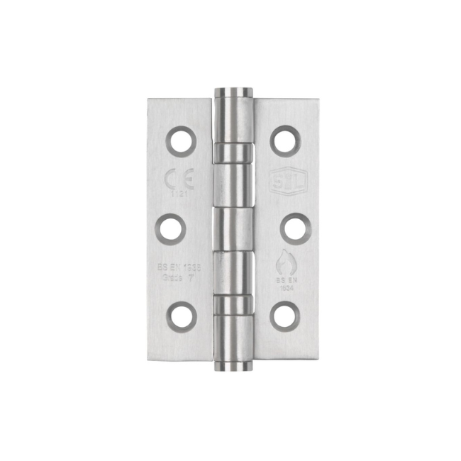 SMITH & LOCKE SATIN STAINLESS STEEL GRADE 7 FIRE RATED BALL BEARING HINGES 76MM X 51MM 2 PACK