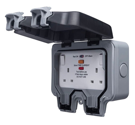 BRITISH GENERAL IP66 13A 2-GANG SP WEATHERPROOF OUTDOOR SWITCHED PASSIVE RCD SOCKET