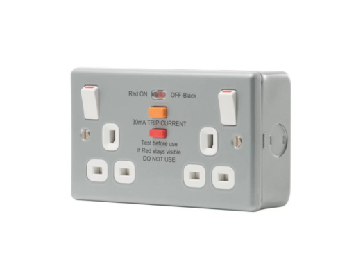 BRITISH GENERAL 13A 2-GANG SP SWITCHED METAL CLAD PASSIVE RCD SWITCHED SOCKET WITH WHITE INSERTS