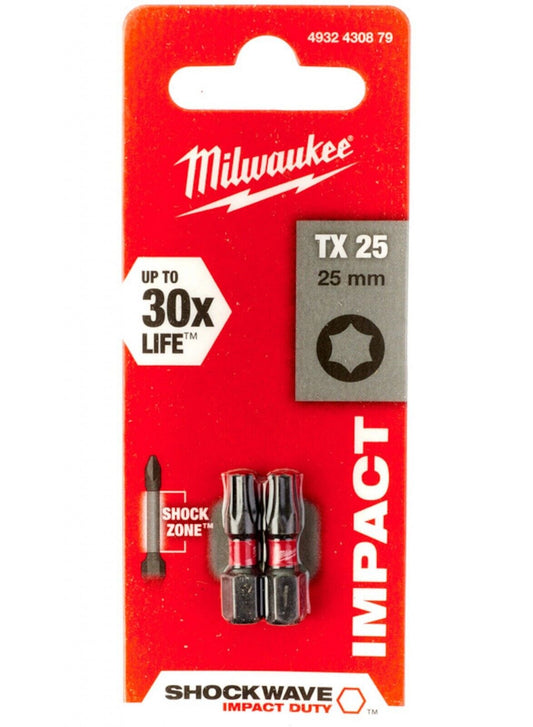 Milwaukee - SHOCKWAVE™ IMPACT DUTY Screwdriver Bits TX25 25mm - 2 Piece
