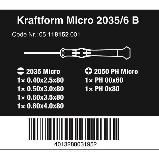 WERA KRAFTFORM 2035/6 MICRO SCREWDRIVER SET SLOTTED / PHILLIPS X6 PCS 118152