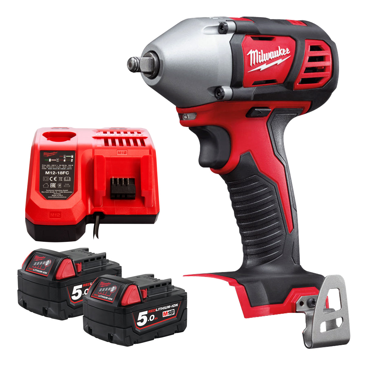 Milwaukee M18BIW38-0 18V 3/8" Compact Impact Wrench with 2 x 5.0Ah Battery & Charger