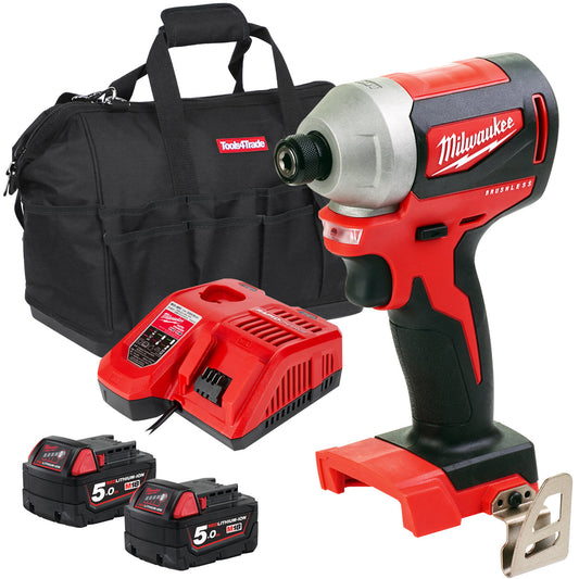 Milwaukee M18BLID2-0 1/4" Brushless Hex Impact Driver with 2 x 5.0Ah Battery Charger & Bag