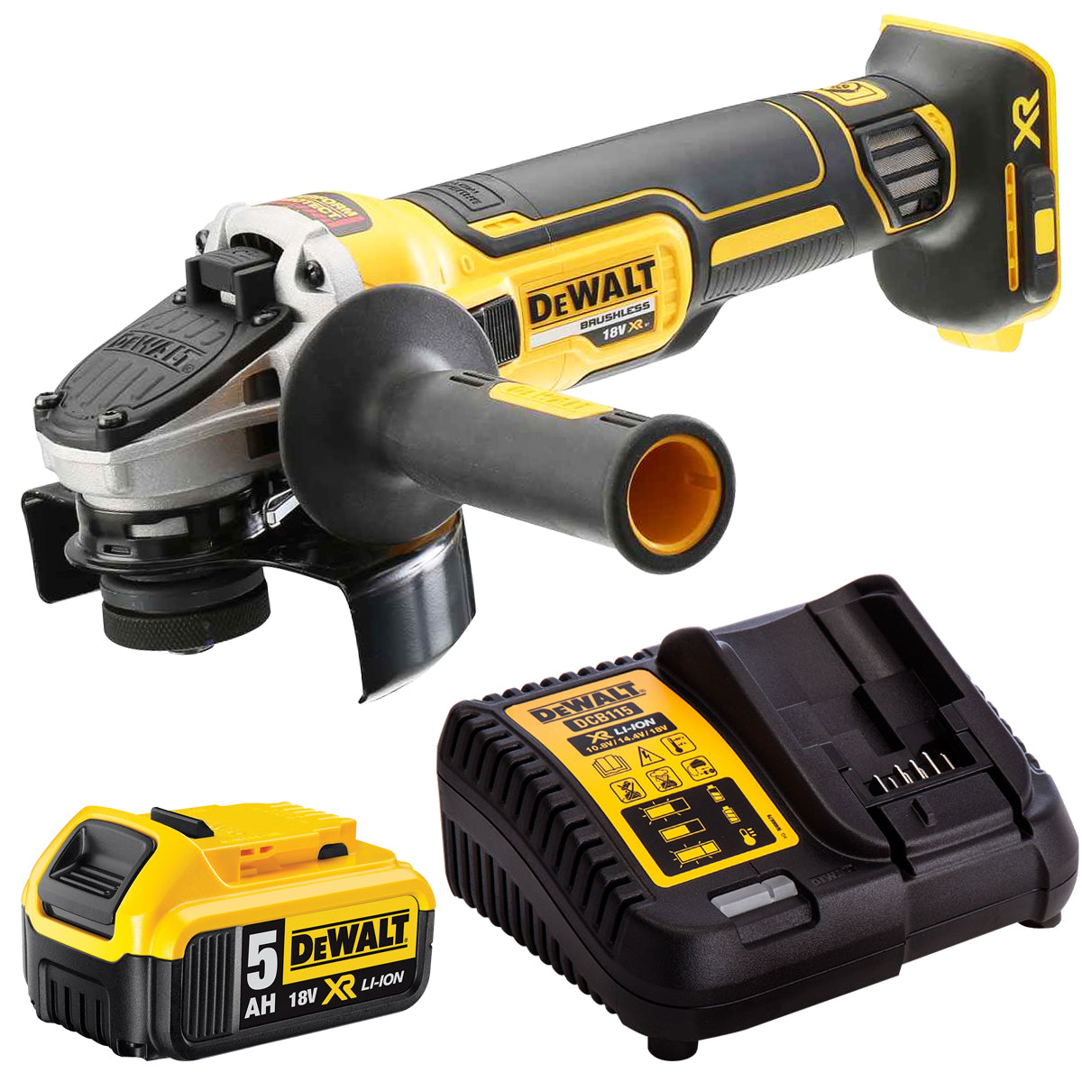 DeWalt DCG405N 18V Brushless 125mm Angle Grinder with 1 x 5.0Ah Battery & Charger