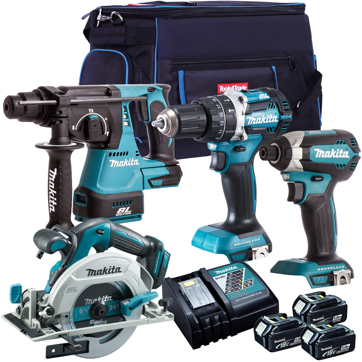 Makita 18V Brushless 4 Piece Tool Kit with 3 x 5.0Ah Batteries Charger & Bag