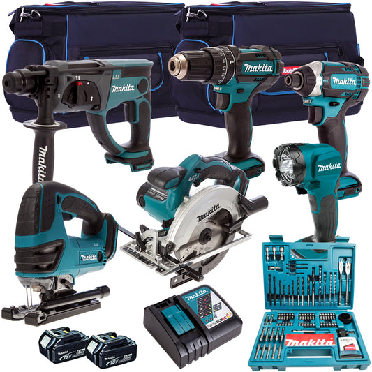 Makita 18V 6 Piece Combo Kit with 2 x 5.0Ah Batteries & 100 Piece Bit Set T4TKIT-192