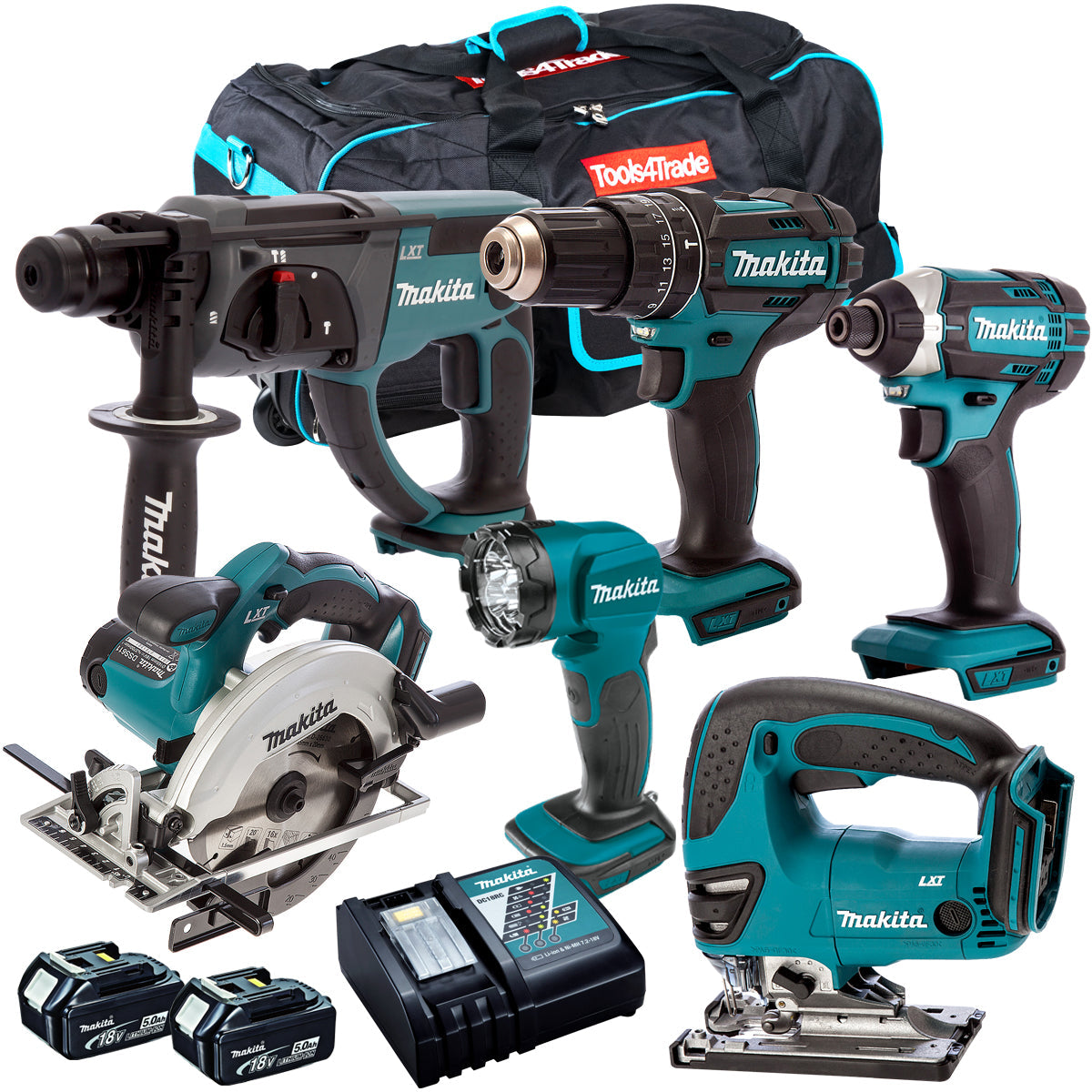 Makita 18V 6 Piece Combo Kit with 2 x 5.0Ah Batteries & Charger T4TKIT-193