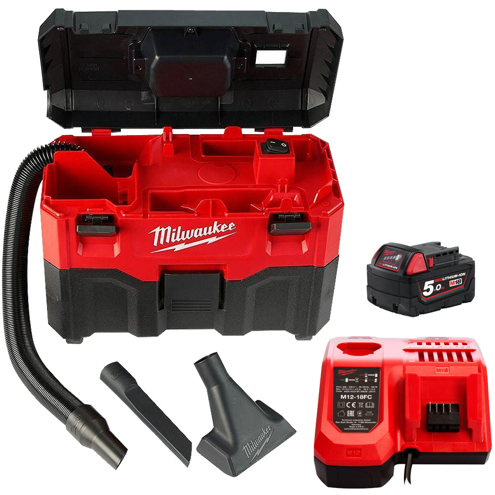 Milwaukee M18VC2-0 18V Wet Dry Vacuum 2nd Generation with 1 x 5.0Ah Battery & Charger