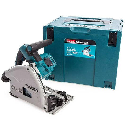 Makita DSP600ZJ 36V Brushless 165mm Plunge Saw with 2 x 1.5m Guide Rail & Case + Rail Bag