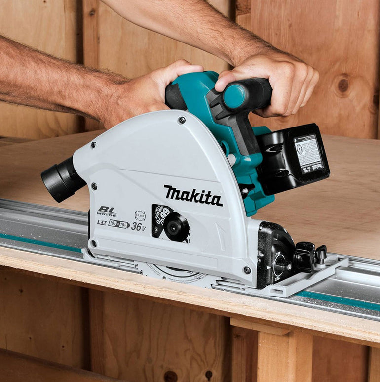 Makita DSP600ZJ 36V Brushless 165mm Plunge Saw with 2 x 1.5m Guide Rail & Case + Rail Bag