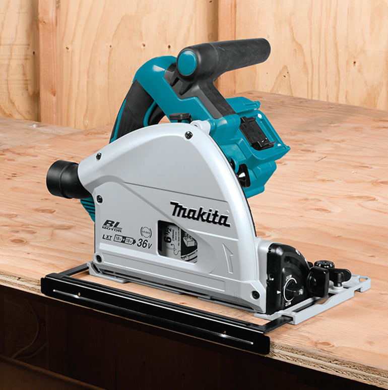 Makita DSP600ZJ 36V Brushless 165mm Plunge Saw with 2 x 1.5m Guide Rail & Case + Rail Bag