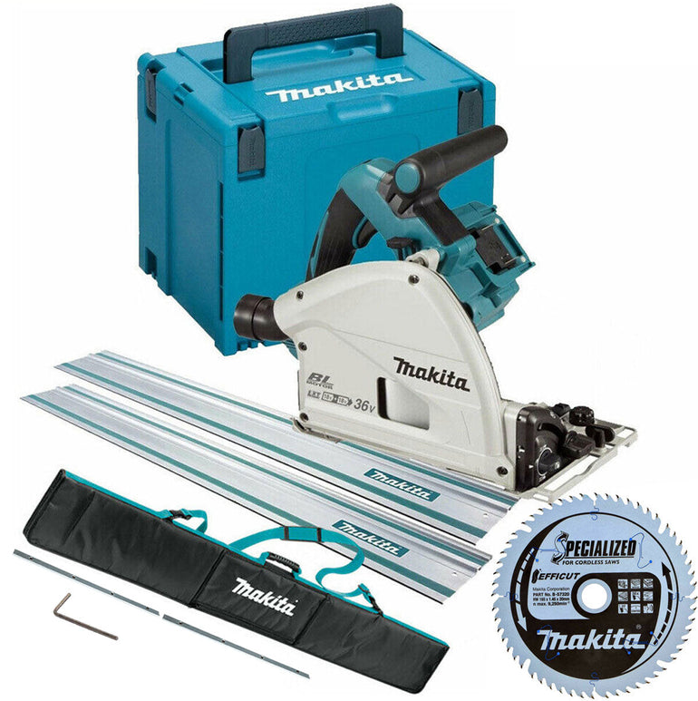 Makita DSP600ZJ 36V Brushless 165mm Plunge Saw with 2x1.5m Guide Rail Case+Bag+Blade