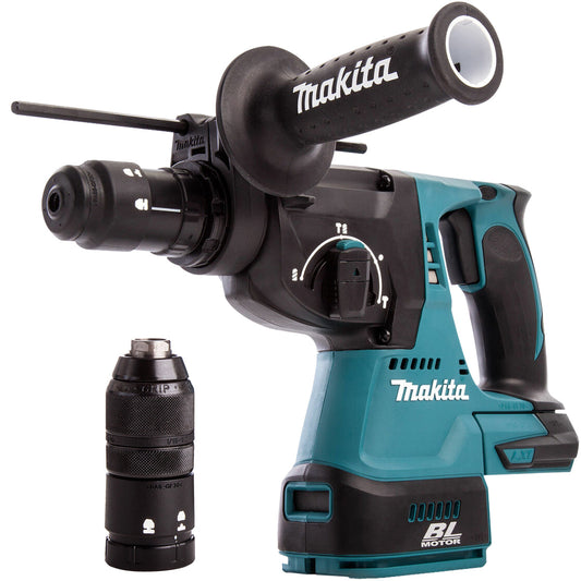 Makita DHR243Z 18V Brushless Hammer Drill & 4 Piece Chisel Set + Keyless Chuck