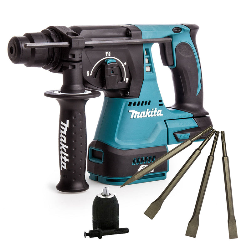 Makita DHR242Z 18V Brushless Hammer Drill & 4 Piece Chisel Set + Keyless Chuck