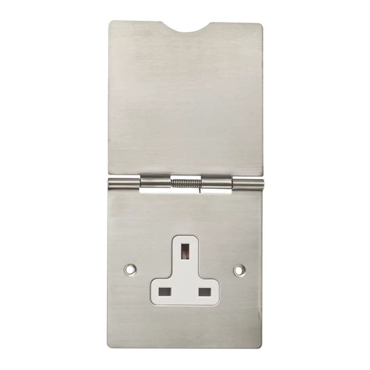 CONTACTUM 3344BSW 13A 1-GANG UNSWITCHED FLOOR SOCKET BRUSHED STEEL WITH WHITE INSERTS (119RP)