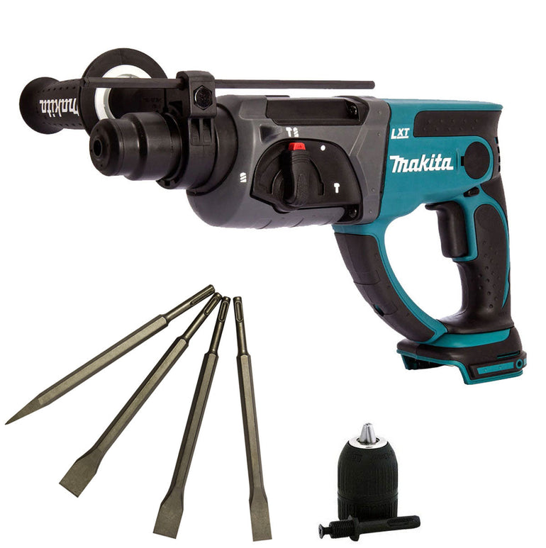 Makita DHR202Z 18V SDS+ Rotary Hammer with 4 Piece Chisel Set + Keyless Chuck