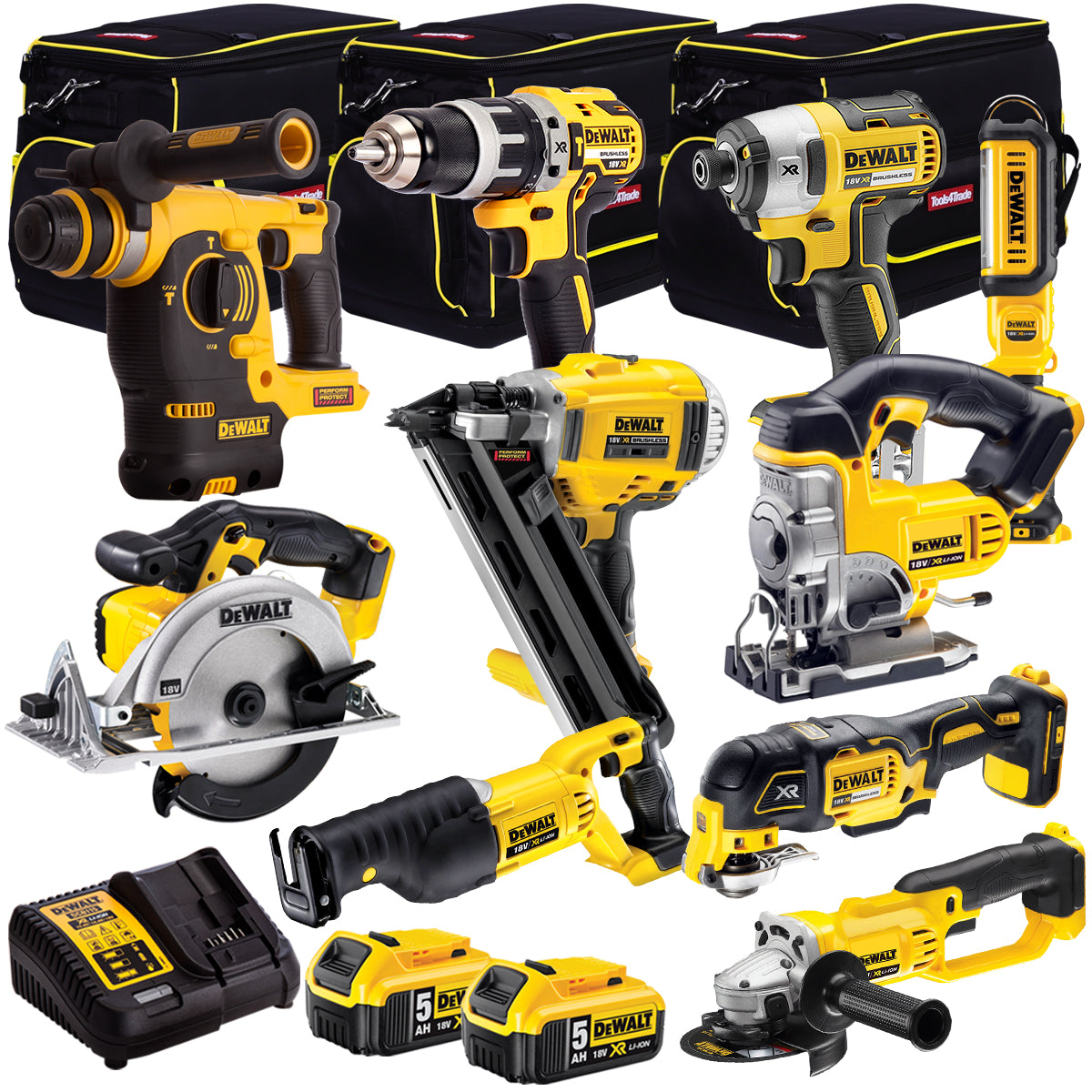 Dewalt 18V 10 Piece Power Tool Kit with 2 x 5.0Ah Batteries T4TKIT-992