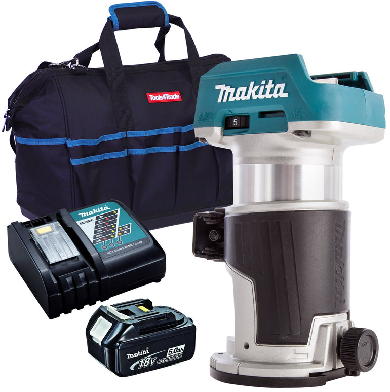 Makita DRT50Z 18V Brushless Router Trimmer with 1 x 5.0Ah Battery Charger & Bag