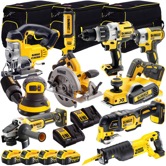 Dewalt 18V 10 Piece Power Tool Kit with 4 x 5.0Ah Battery + 2 x Charger & 3 x Tool Bag T4TKIT-12844