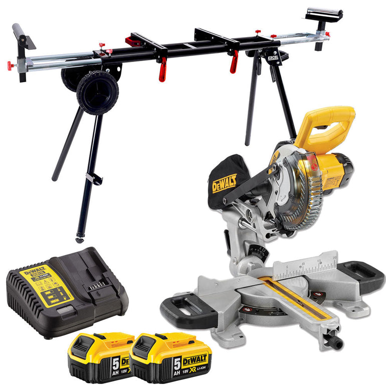 Dewalt DCS365N 18V XR Cordless 184mm Slide Mitre Saw with 2 x 5.0Ah Batteries & Charger + Leg Stand