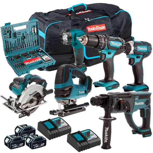 Makita 18V 6 Piece Cordless Kit with 3 x 5.0Ah Batteries & 100 Piece Bit Set T4TKIT-49