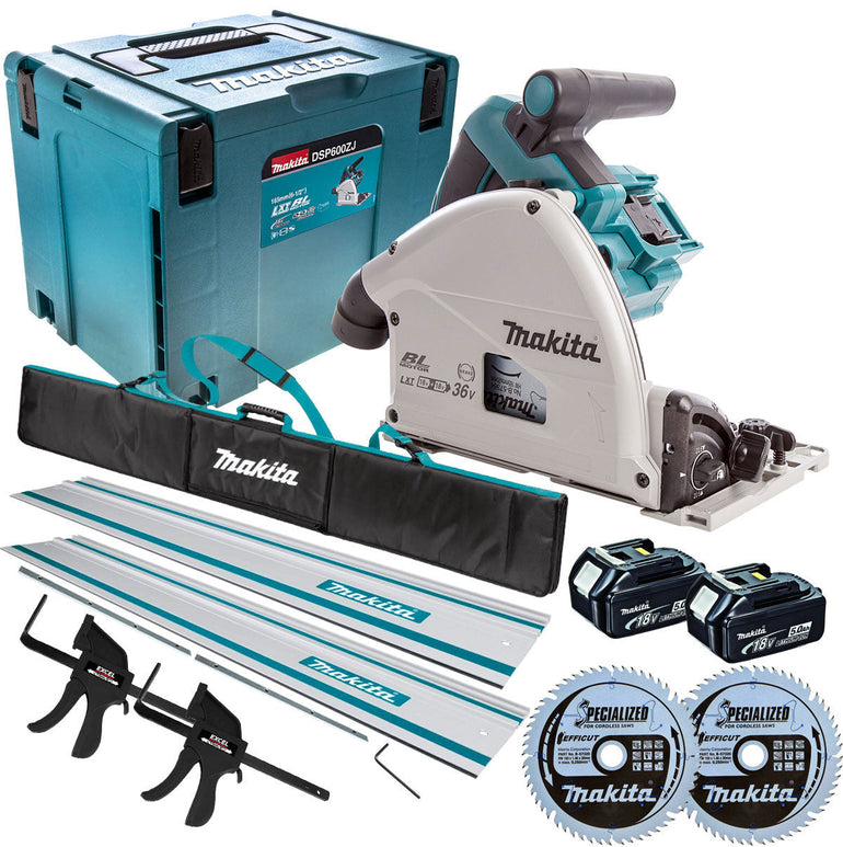 Makita DSP600TJ 36V 165mm Brushless Plunge Saw 2 x 5.0Ah & Accessories Set