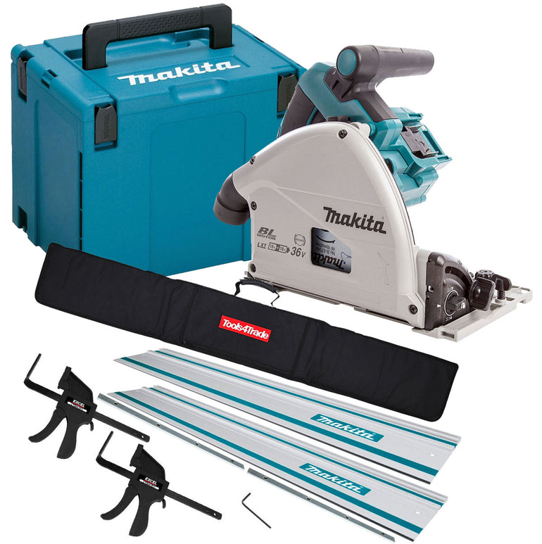 Makita DSP600ZJ 36V Brushless Plunge Saw + 2 x Guide Rail, Connector & Clamp Set