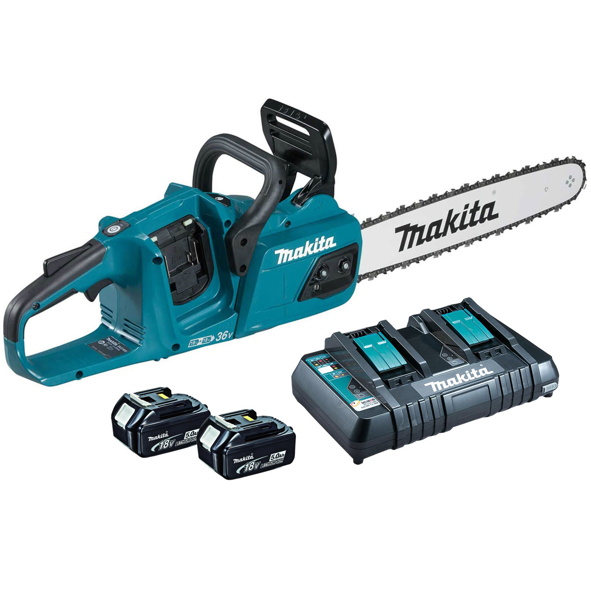 Makita DUC355PT2 36V 35cm Brushless Chainsaw With 2 x 5.0Ah Batteries & Twin Port Charger