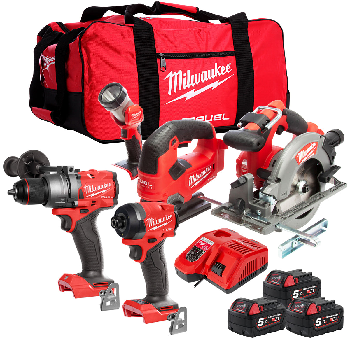 Milwaukee M18FPP5L2-503B 18V Fuel 5 Piece Kit With 3 x 5.0Ah Batteries Charger In Bag 4933479904