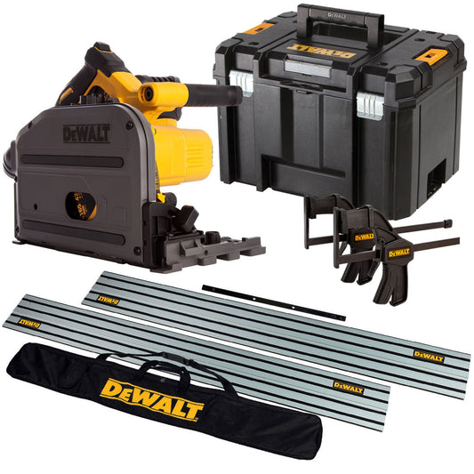 DeWalt DCS520NT 54V XR Flexvolt Brushless 165mm Plunge Saw 2 x 1.5m Guide Rail Clamps & Case + Rail Bag