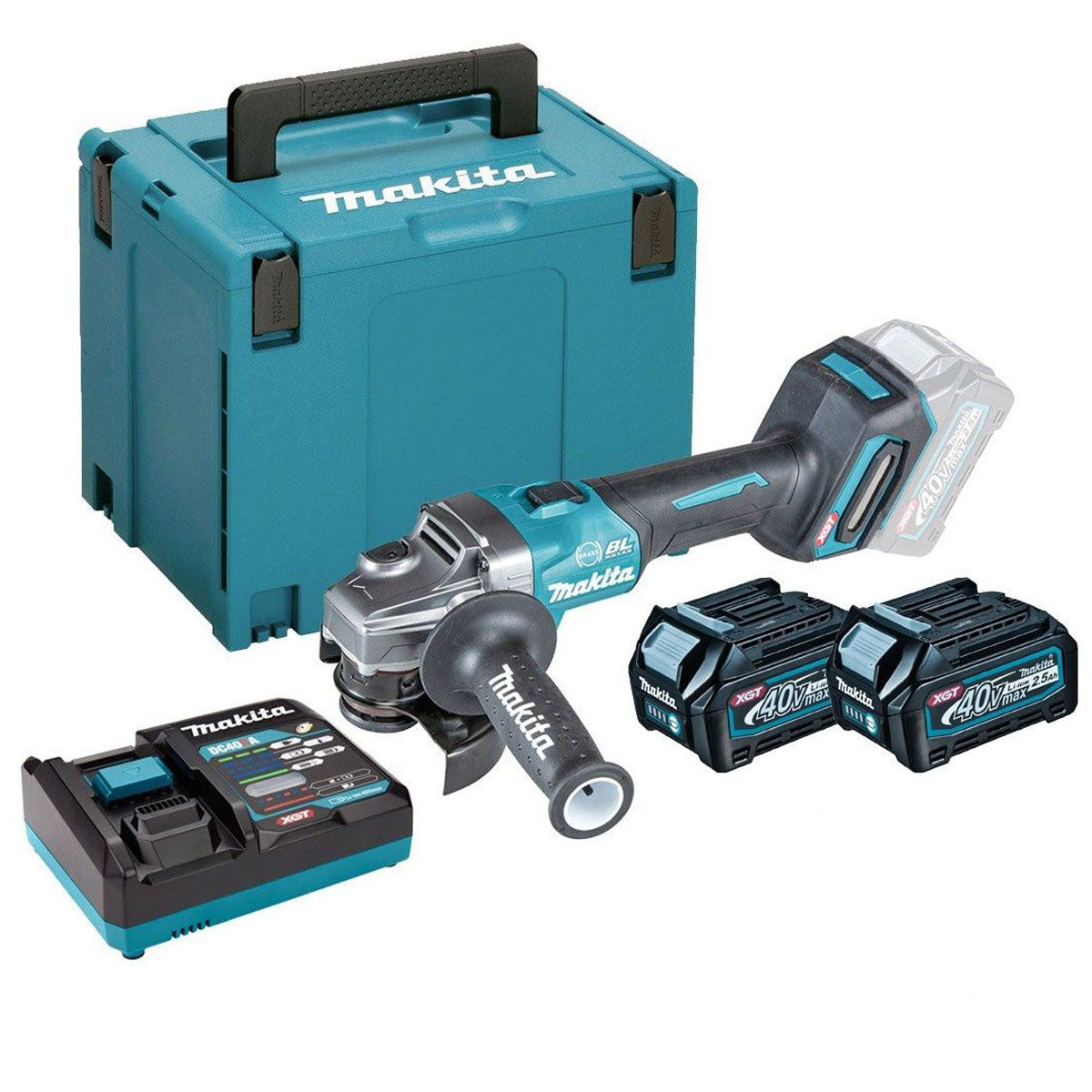 Makita GA004GD201 40V XGT Brushless 115mm Angle Grinder with 2 x 2.5Ah Battery, Charger & Case