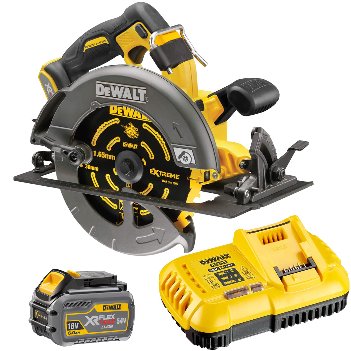 Dewalt DCS578N 54V XR Flexvolt Brushless 190mm Circular Saw with 1 x 6.0Ah Battery & Charger