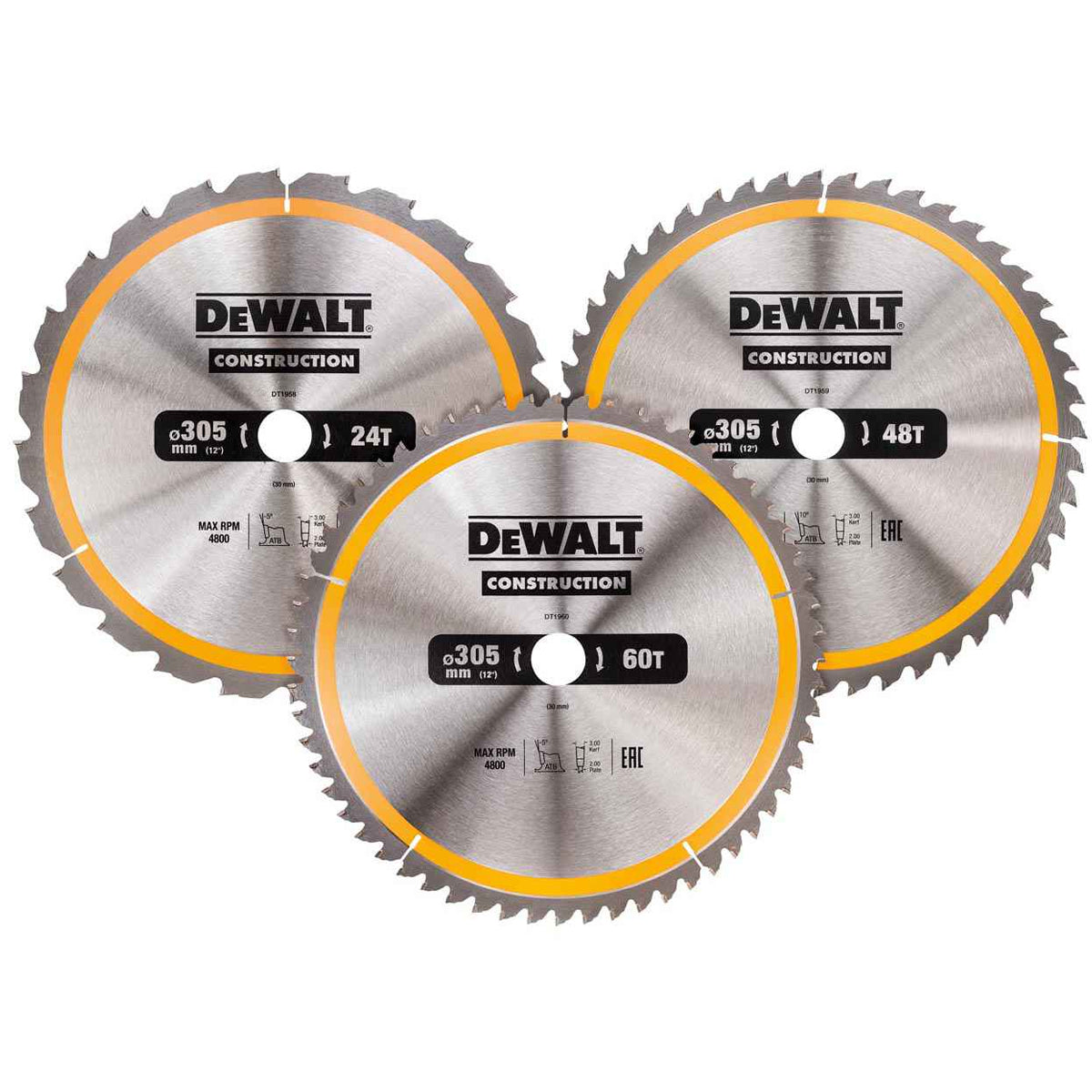 DeWalt DT1964 Construction Circular Saw Blade 3 Pack 305 x 30mm x 24T/48T/60T