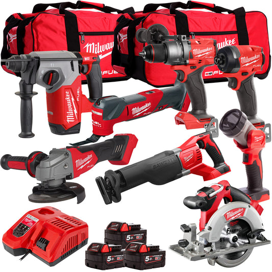 Milwaukee 18V 8 Piece Power Tool Kit with 3 x 5.0Ah Batteries T4TM-21