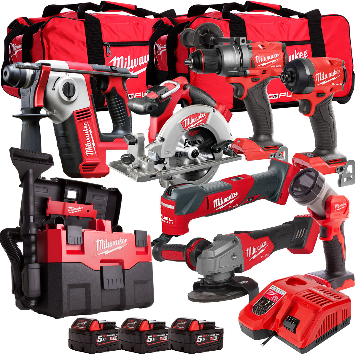 Milwaukee 18V 8 Piece Power Tool Kit with 3 x 5.0Ah Batteries T4TM-23