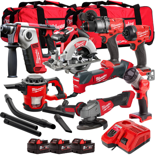 Milwaukee 18V 8 Piece Power Tool Kit with 3 x 5.0Ah Batteries T4TM-24