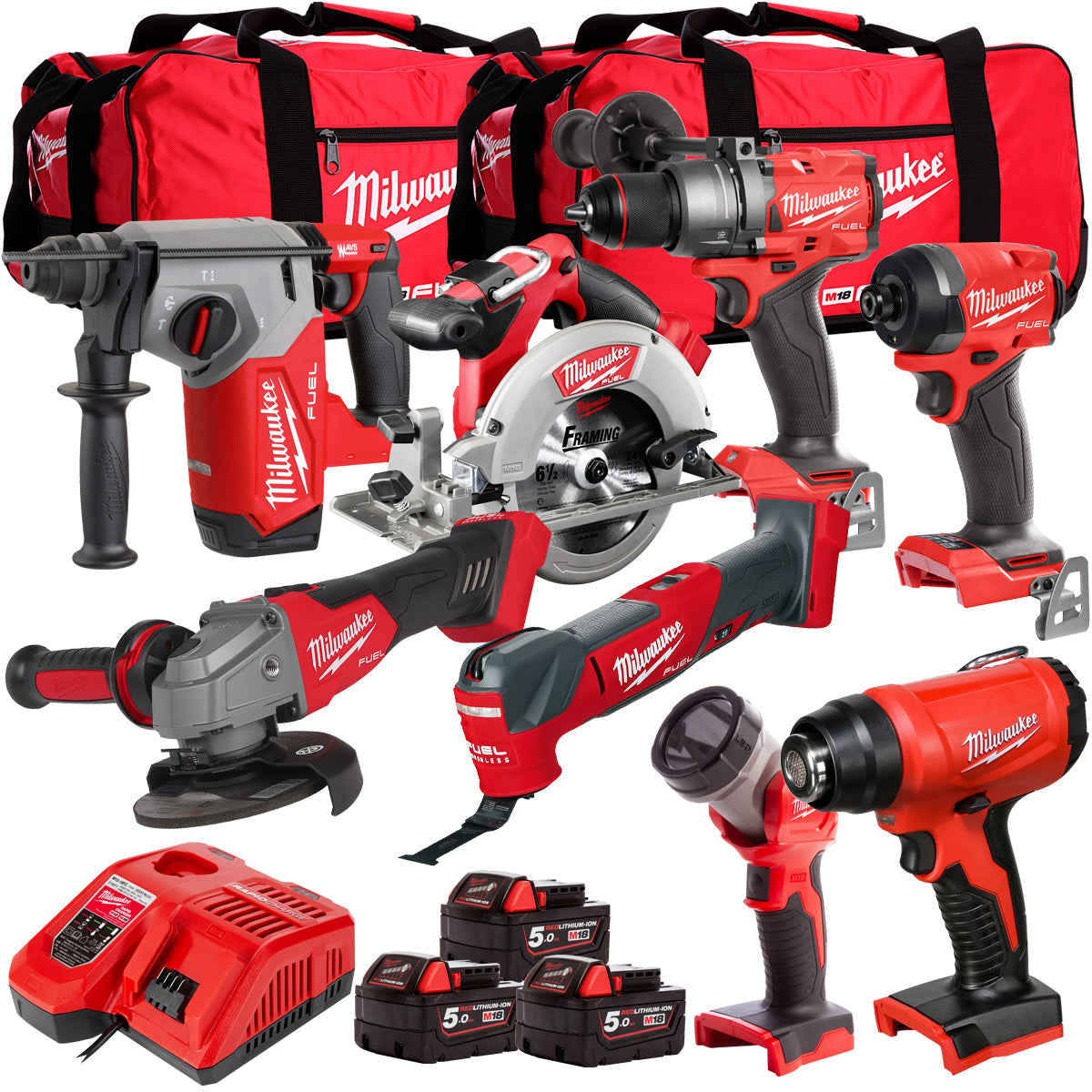 Milwaukee 18V 8 Piece Power Tool Kit with 3 x 5.0Ah Batteries T4TM-25