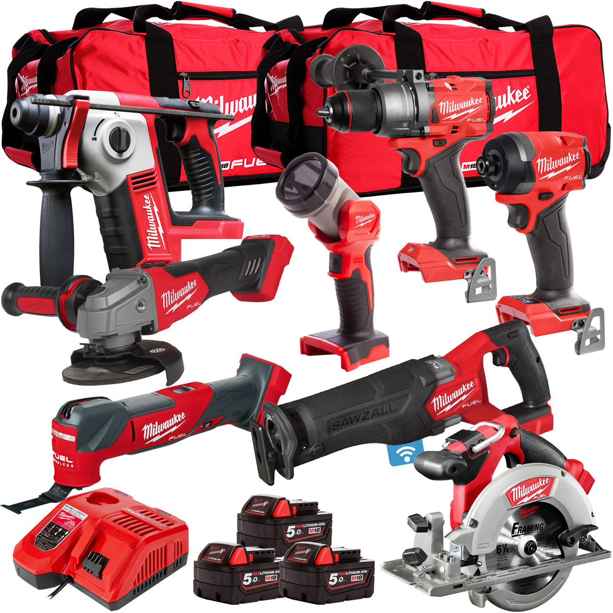 Milwaukee 18V 8 Piece Power Tool Kit with 3 x 5.0Ah Batteries T4TM-29