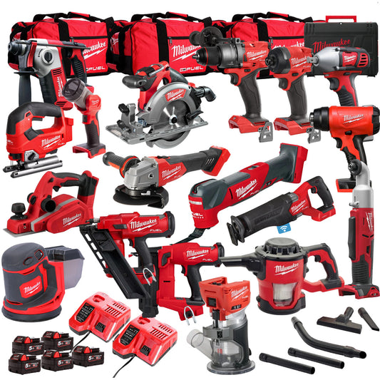 Milwaukee 18V 18 Piece Power Tool Kit with 5 x 5.0Ah Batteries T4TM-38