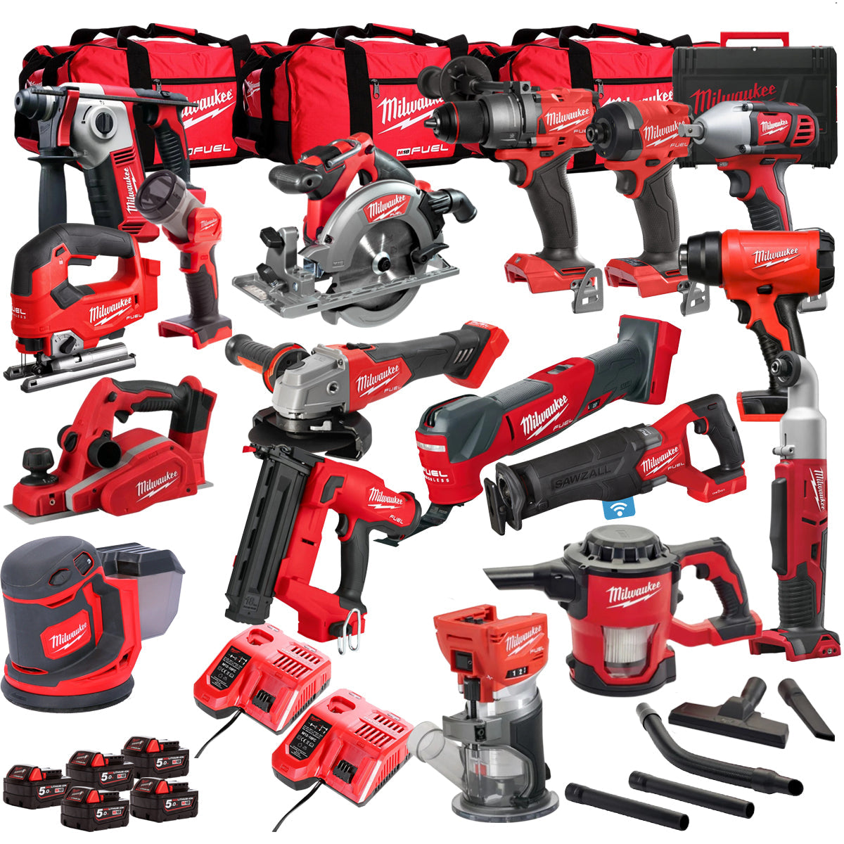 Milwaukee 18V 17 Piece Power Tool Kit with 5 x 5.0Ah Batteries T4TM-40