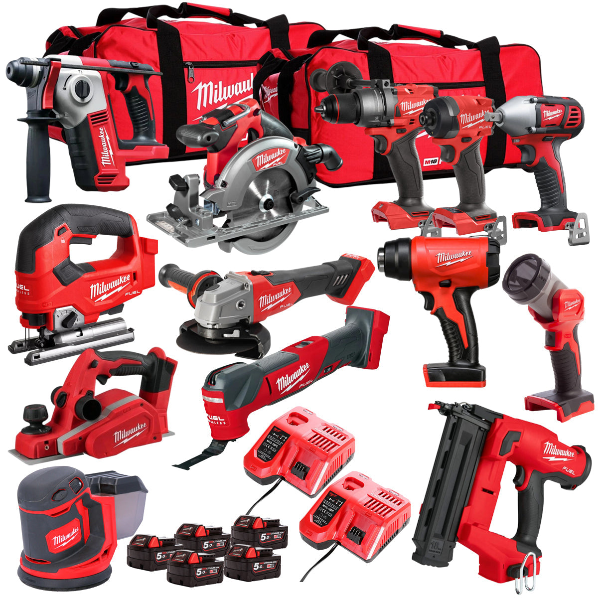 Milwaukee 18V 13 Piece Power Tool Kit with 5 x 5.0Ah Batteries T4TM-53