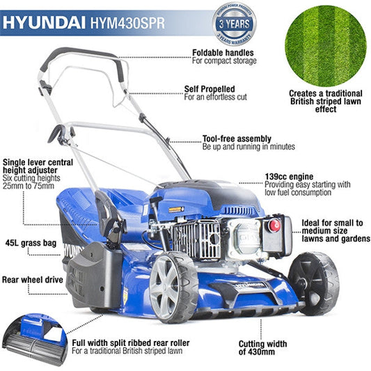 Hyundai HYM430SPR 139cc Petrol Roller Lawn mower 17"/43cm