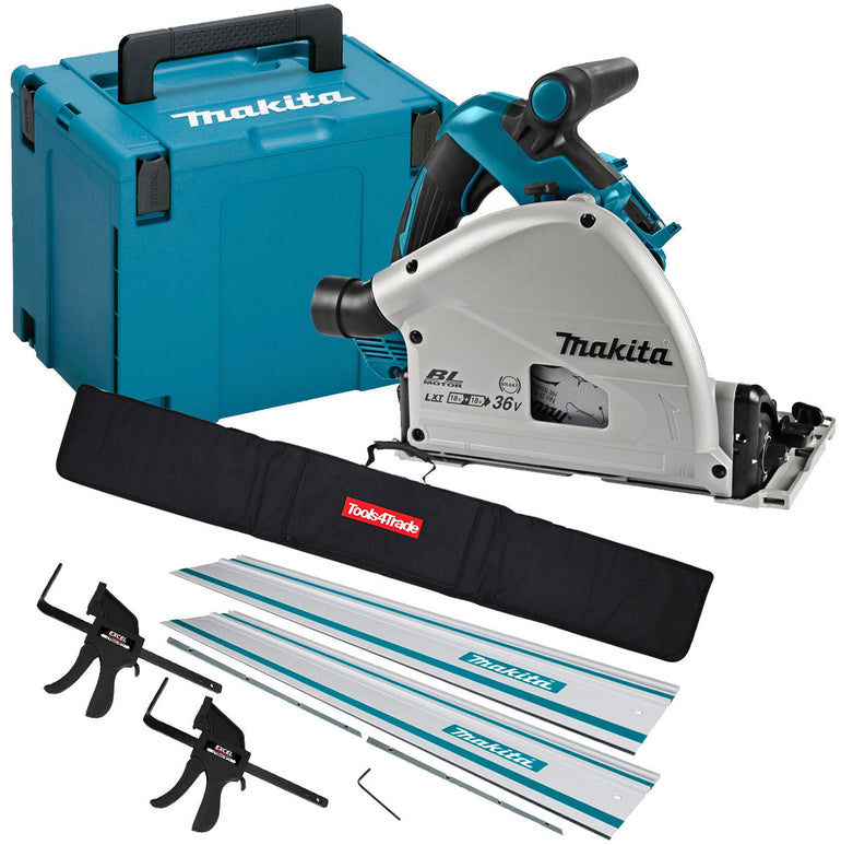 Makita DSP601ZJU 36V Brushless AWS Plunge Saw + 2 x Guide Rail, Connector & Clamp Set