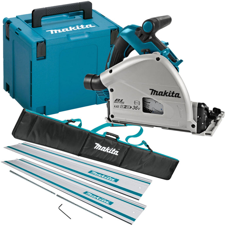 Makita DSP601ZJU 36V Brushless AWS Plunge Saw with 2 x 1.5m Guide Rail & Case + Rail Bag