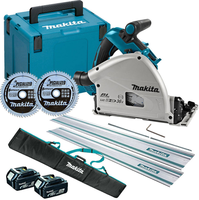 Makita DSP601ZJU 36V 165mm Brushless AWS Plunge Saw 2 x 5.0Ah & Accessories