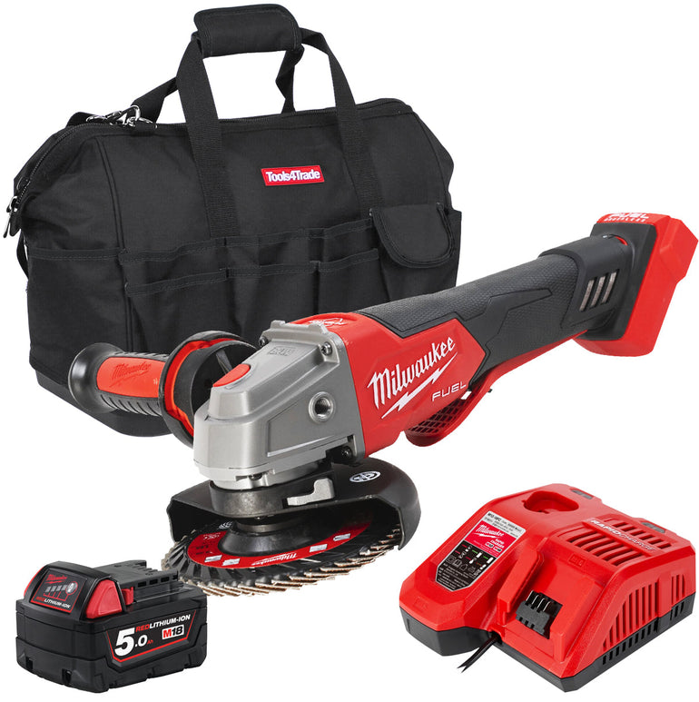 Milwaukee M18FSAGV115XPDB-0 18V FUEL 115mm Angle Grinder with 1 x 5.0Ah Battery Charger & Bag