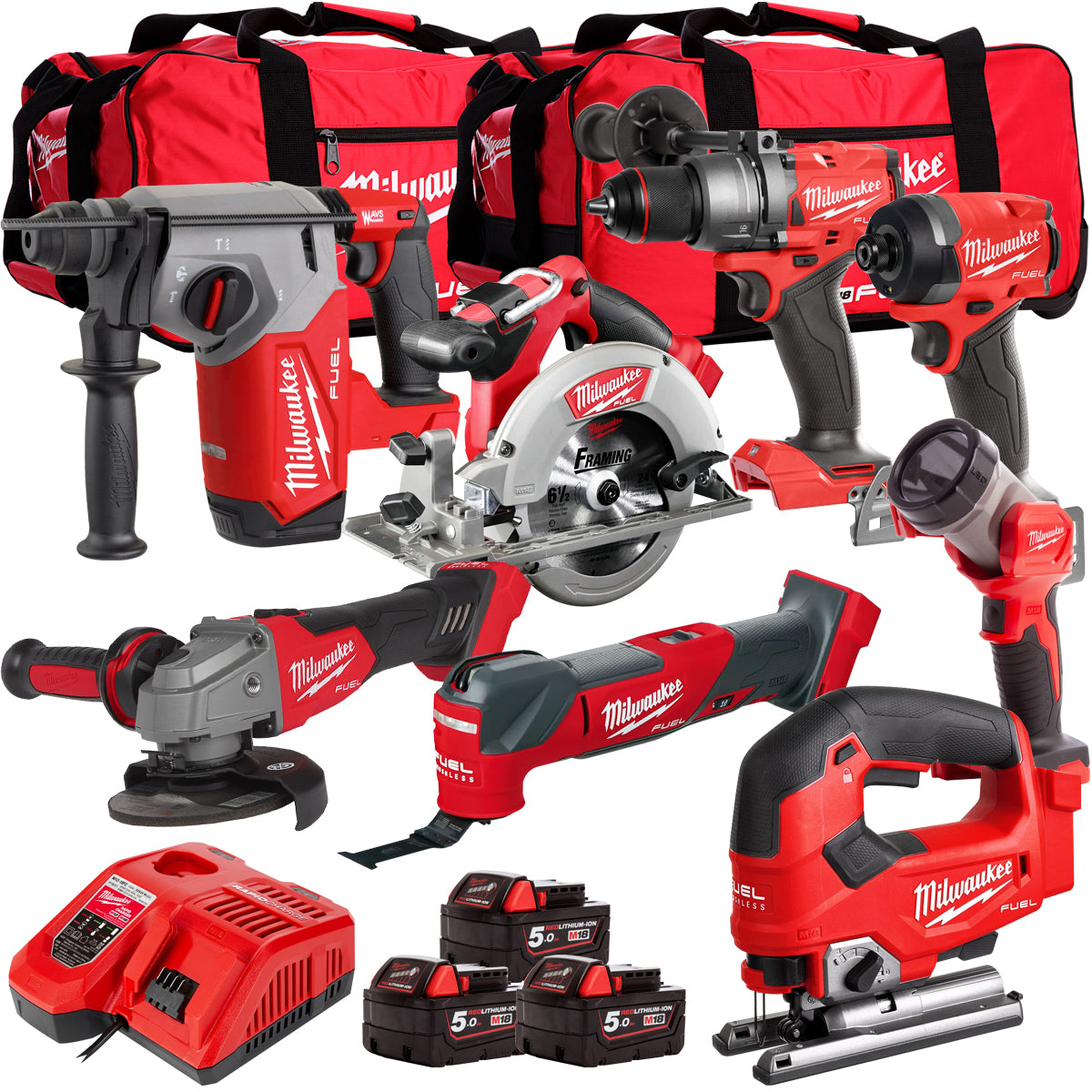 Milwaukee 18V Cordless 8 Piece Tool Kit with 3 x 5.0Ah Batteries & Charger in Bag T4TM-2