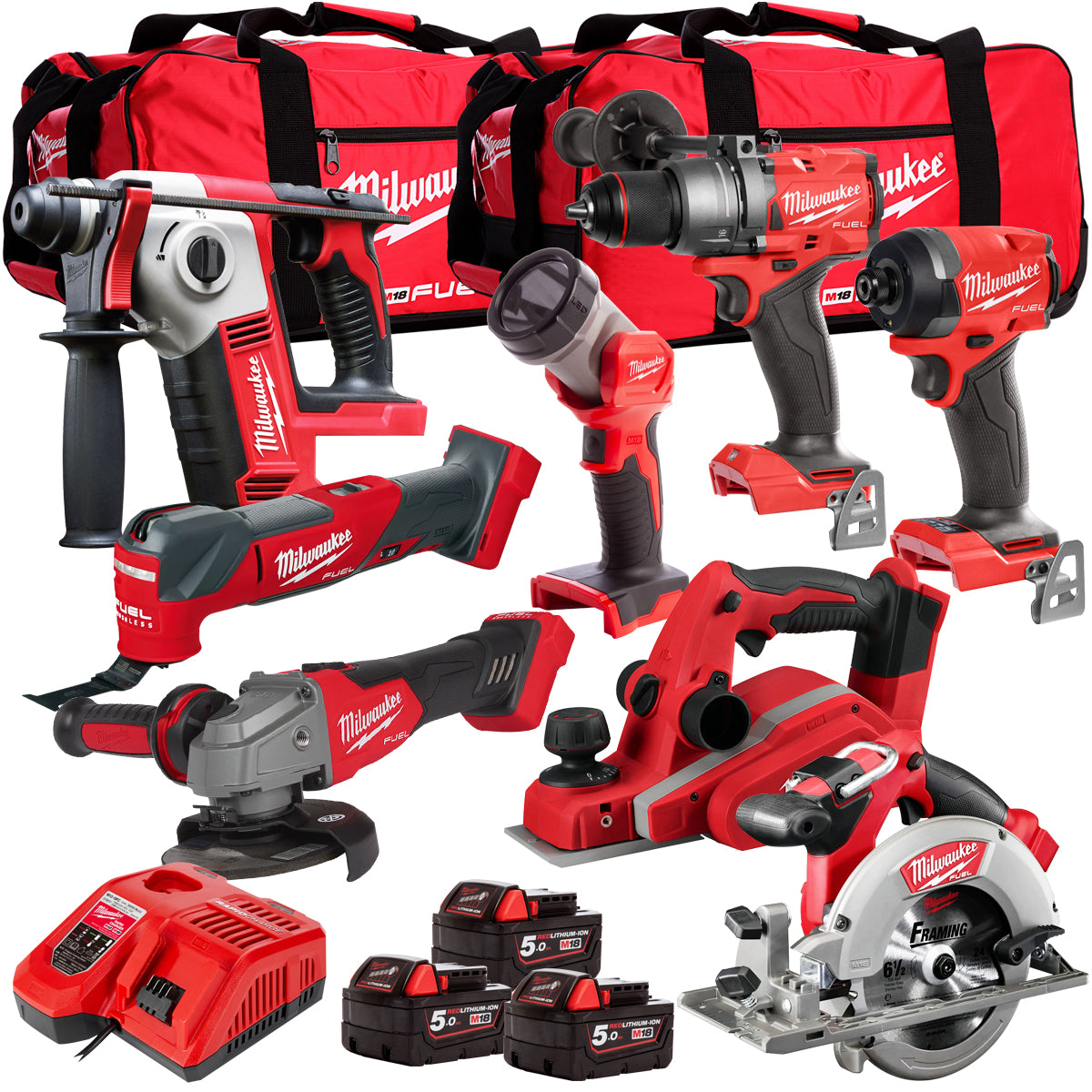 Milwaukee 18V Cordless 8 Piece Tool Kit with 3 x 5.0Ah Batteries & Charger in Bag T4TM-3